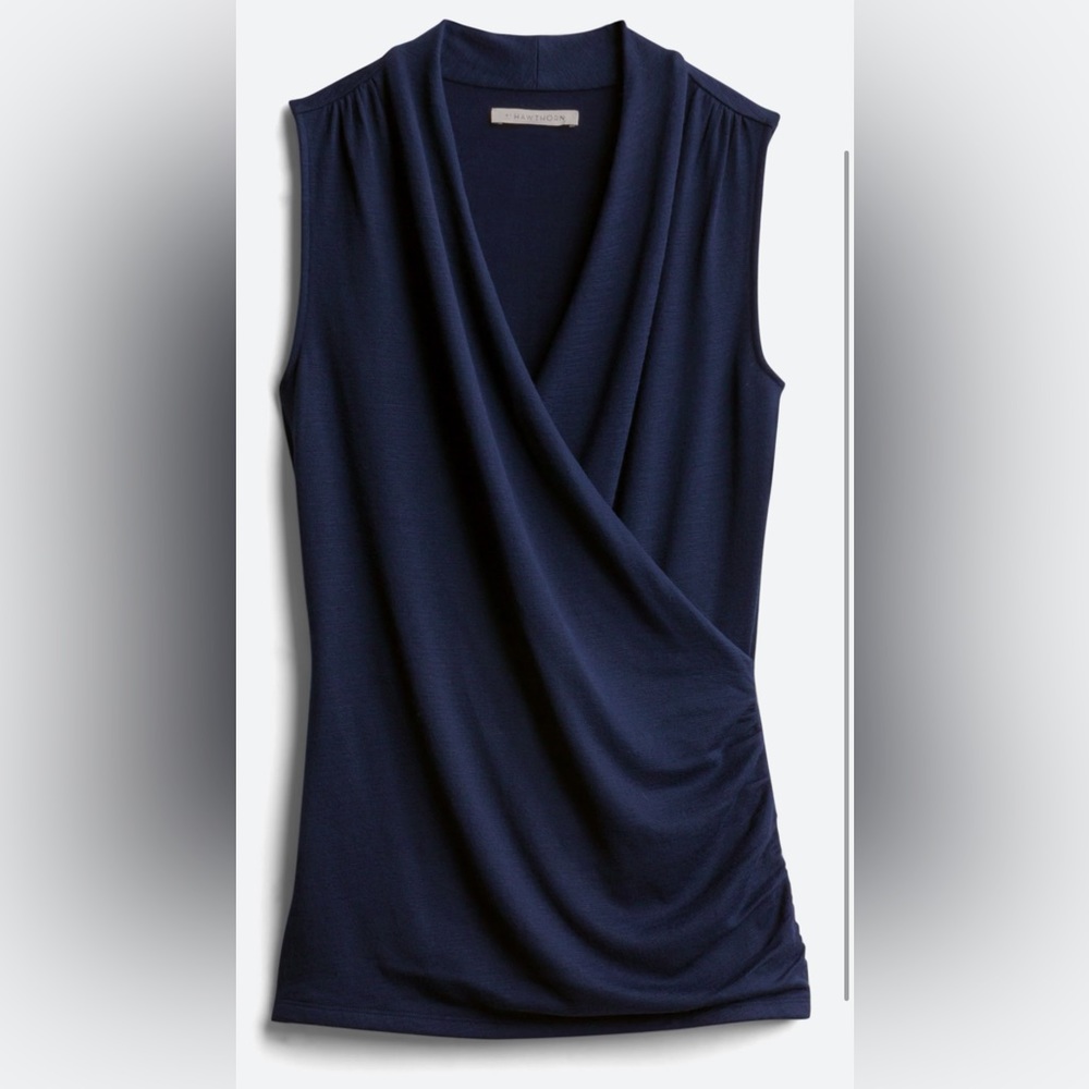 41 Hawthorn Navy Blue Benni Wrap Front Ruched Knit Top